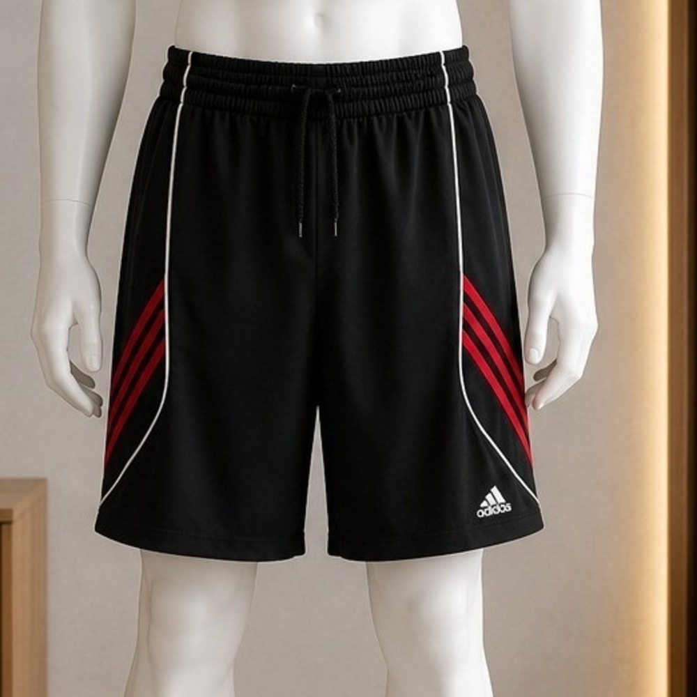 Adidas Mens Athletic Shorts Black Red Three Stripe Drawstring Medium